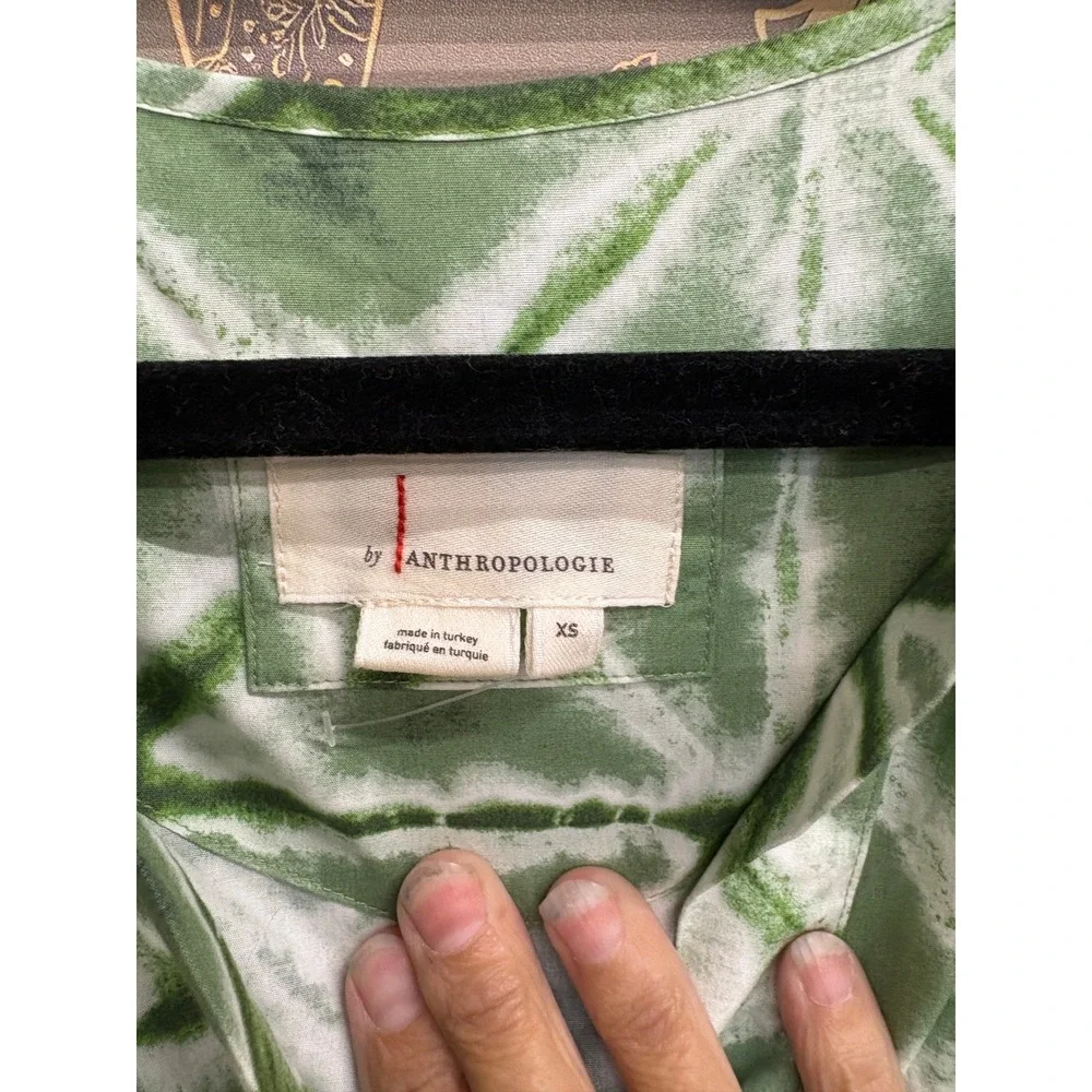 By Anthropologie Green Shibori Tie Dye Puff Sleeve Peplum Blouse XS OB1926669